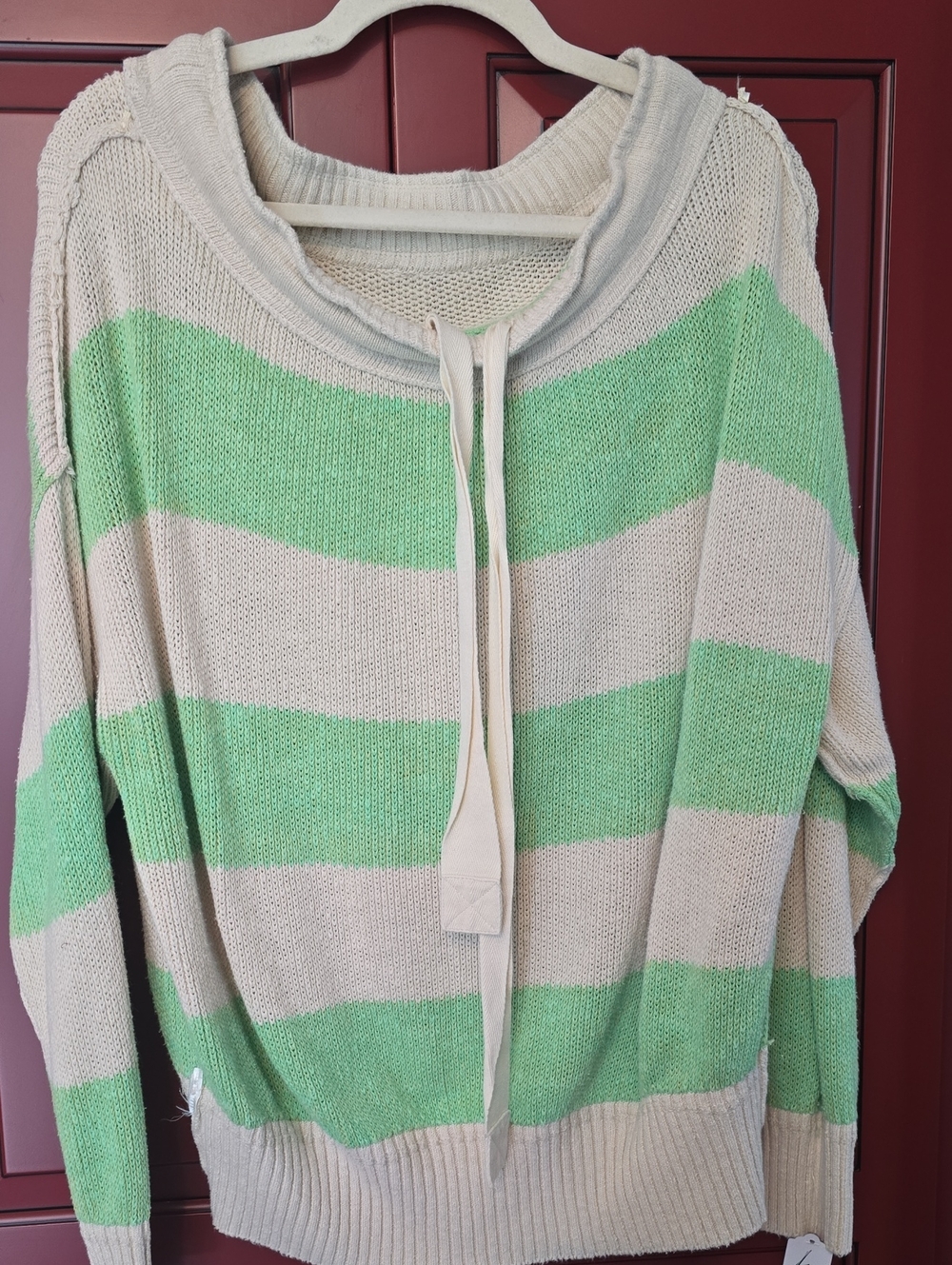 Light Green & Cream Striped Hooded Sweater Free People